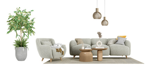 Modern sofa and plant in a living room on white backgrouund	
