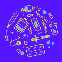 Vector set of medical themed images in neon style. A pattern of medical elements in the form of a circle. Poster with the image of medical equipment in flat style.