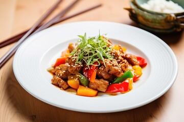plated sweet and sour pork garnished with sesame seeds