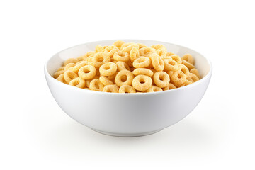 Food concept. Breakfast cereal loops with milk. Commercial style, vivid colors. Background with copy space