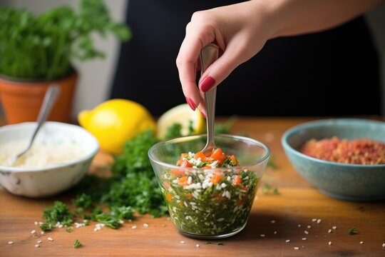 hands mixing tabouli with a fork on a glass bowl, ingredients around