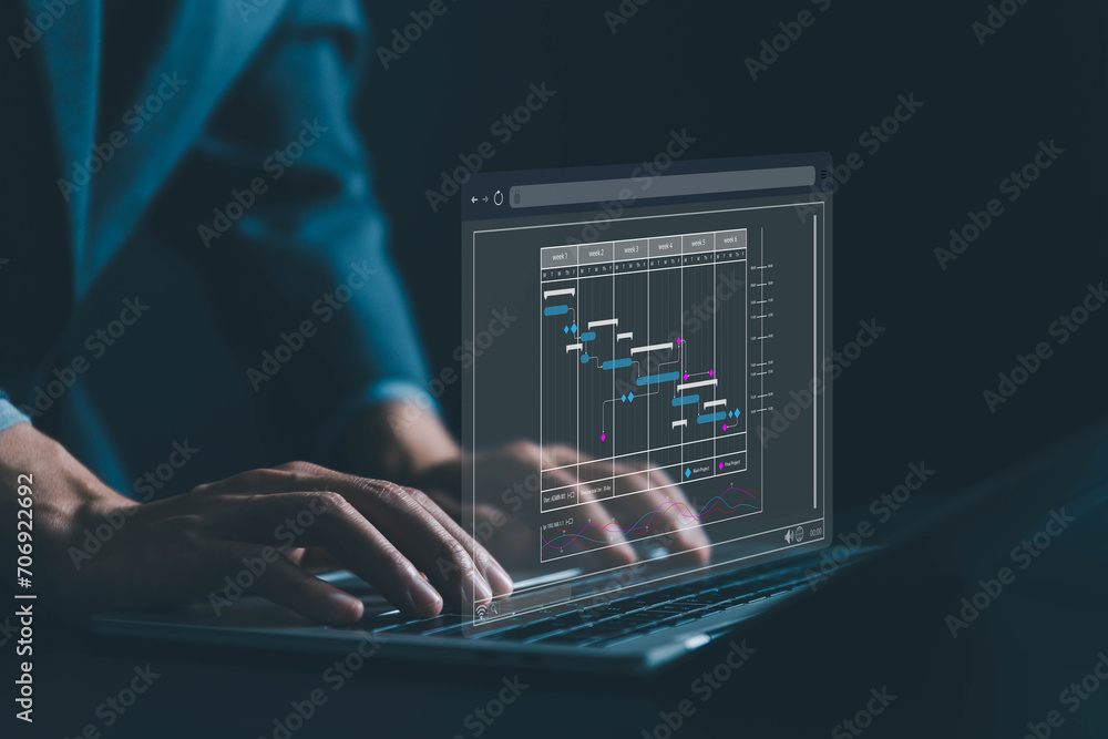 Leinwandbilder project planner in software. schedule plan management work update and workflow. concept updating and managing milestones on a timeline Gantt chart in technology online. appointment staff of business