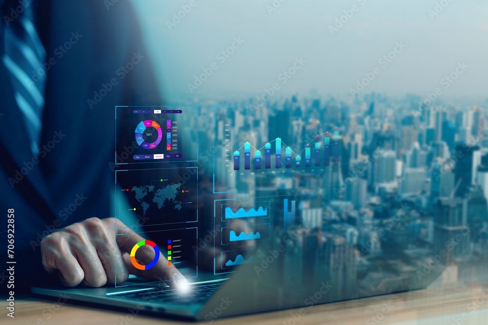 Poster analyst manages the system database, analysis data plans, and reports. shows a dashboard chart on the computer. concept of analytics business, research on platform digital technology 