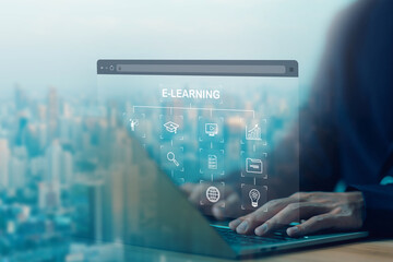 e-learning icon on a virtual screen in a laptop. concept learn from webinar technology, course education, training digital online, and library on the internet website. lesson learning e-book