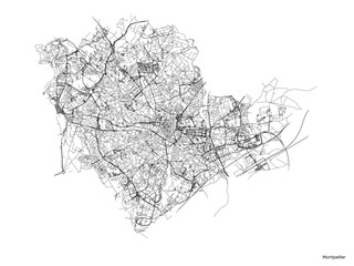 Montpellier city map with roads and streets, France. Vector outline illustration. - obrazy, fototapety, plakaty