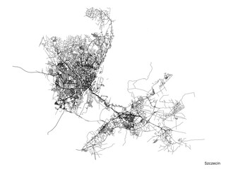 Szczecin city map with roads and streets, Poland. Vector outline illustration.