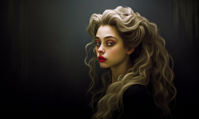 Fototapeta premium Enigmatic woman with voluminous curly hair and a deep gaze, dressed in black, against a smoky dark backdrop, exuding mystery and elegance