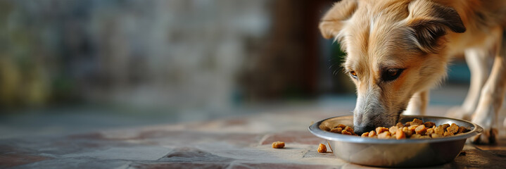 attentive dog beside food bowl on blurred stone background,dog eating , banner with space for text in a serene outdoor setting - obrazy, fototapety, plakaty