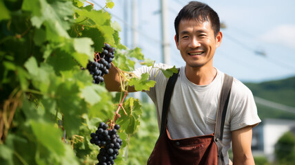 ぶどうを収穫する若い男性。日本の農業風景,Generative AI