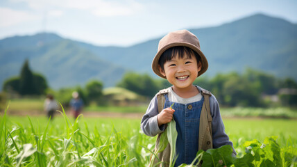 家庭菜園を笑顔で手伝う男の子。日本の農業風景,A cute 5-year-old Japanese boy helps harvest vegetables in a rural Japanese landscape.Generative AI