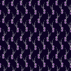 seamless floral pattern on a dark blue background with small lilac-pink inflorescences, meadow flowers. Pattern for fabric design, wallpaper, wrapping paper