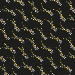 seamless floral pattern on a black background with small gray lights, yellow panicles. Pattern for fabric design, wallpaper, wrapping paper