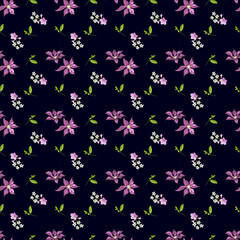 Bright floral pattern from different flowers in bouquets with small leaves on a black background -  seamless illustration for the design of fabric, scarves, shawls.