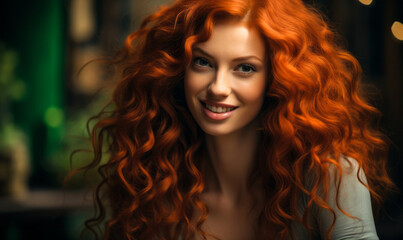 Obraz premium Vivacious Red-Haired Woman with Luscious Curls Smiling Radiantly, Exuding Warmth and Joy in a Green-Hued Setting