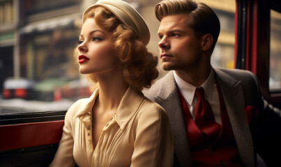Elegant 1940s Couple in Vintage Fashion Contemplating Cityscape from Classic Train Carriage, Timeless Romance and Travel
