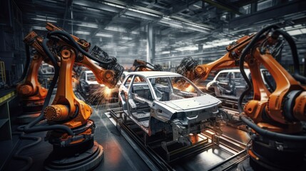 Aerial Car Factory: Automatic robot arm assembly line produces high-tech vehicles. - obrazy, fototapety, plakaty