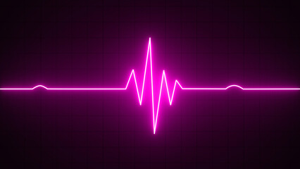 Purple or pink neon Heart pulse monitor with signal. Heartbeat line. Flat line EKG, Pulse trace. EKG and Cardio symbol. Healthy and Medical concept - obrazy, fototapety, plakaty