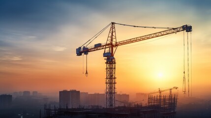 Construction site at sunrise, shot against soft sunlight. Crane working at construction site Crane at the construction site