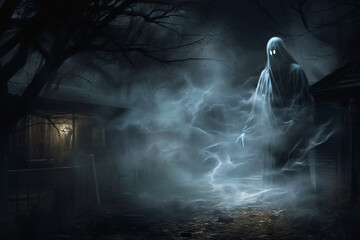 Culture and religion, states of mind, sci-fi and horror concept. Specter, reaper or ghost silhouette. Scary and terrifying apparition of paranormal ghost at night