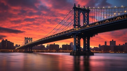 Manhattan Bridge at sunset, New York City, United States.