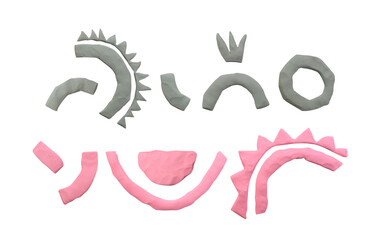 Plasticine gray and pink geometric shapes. Handmade modeling clay. Texture arc, circle.