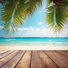 Empty wide Table top wooden bar with blurred beautiful beach scene background coconut leaf on the frame for product display mockup outside summer day time, Resort on nature sea