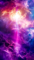 mesmerizing cosmic scene with a radiant light beam piercing through a nebula of deep purples and vibrant pinks, creating a visual representation of enlightenment, mystery, vastness of the universe.