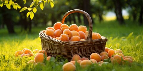 basket with fruits,Basket of oranges in yellow flowers,Apricots in a basket,In garden.Apricots in a wooden bowl,Fruits,Fruit Basket,Basket of apricots
