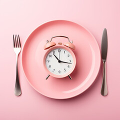 Empty plate with alarm clock on pink background