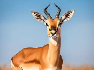 a gazelle with horns looking at the camera - obrazy, fototapety, plakaty