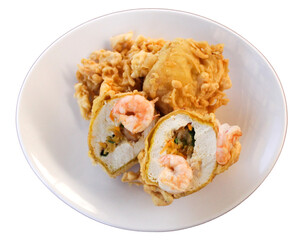 Indonesian snack - Gehu or Tahu Isi or Seafood Deep Fried Tofu with Filling Chopped Mix Vegetables and Shrimp. Photo with isolated transparent background.