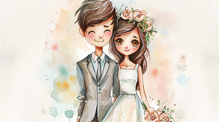 Watercolor cute wedding couple