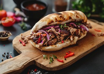 Authentic Mediterranean Doner Kebab: Delicious Grilled Meat, Fresh Vegetables, and Tangy Yogurt...