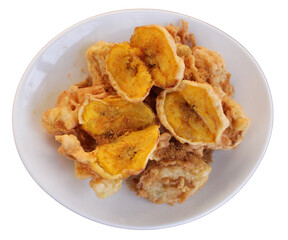 Indonesian traditional snack - crispy fried bananas or pisang goreng in white plate. Transparent background food photo.