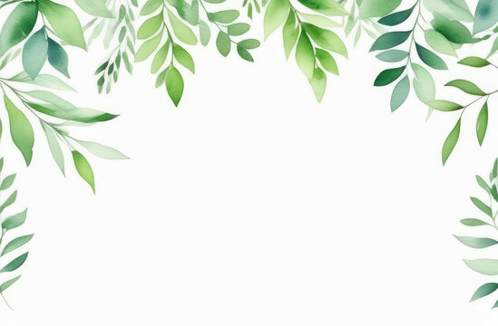 watercolor frame of green eucalyptus leaves on white background, copy space