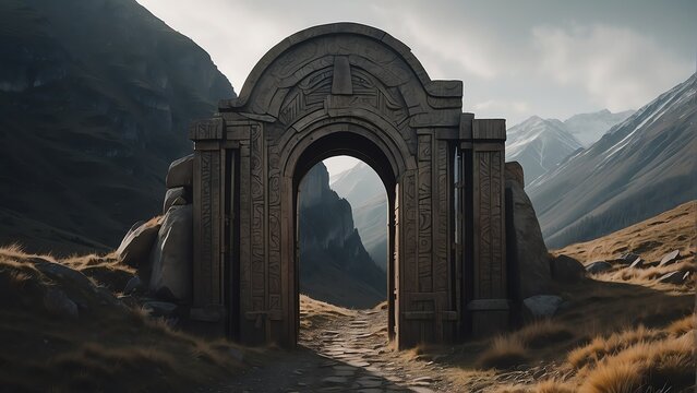A giant huge metal ancient gate going inside of a mountain from Generative AI