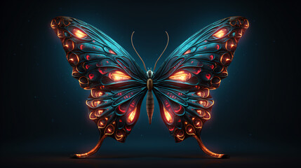 Abstract neon butterfly on a dark wall. 3D