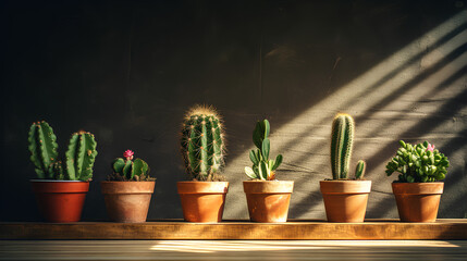 Cacti in pots standing on wooden table near black wall in the rays of the sun, The background is smooth.