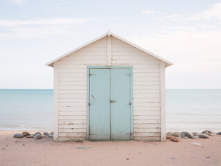 a white shed on a beach