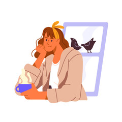 Relaxed woman drink hot tea on balcony with birds behind window. Happy girl in bathrobe hold cup, mug of coffee in hands. Calm morning time. Flat isolated vector illustration on white background