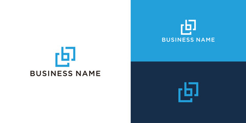 Abstract blue square logo design on white, blue and dark blue backgrounds. © edge