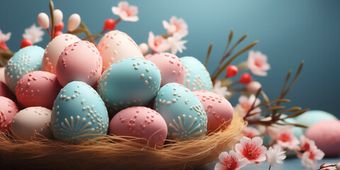 Fototapeta na wymiar Easter rustic banner with eggs in nest, flowers and place for text over blue background.