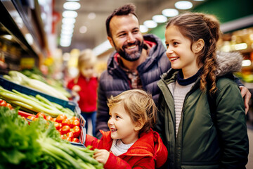 Una famila feliz de compras en el supermercado adquiriendo productos frescos de frutas y verduras. - obrazy, fototapety, plakaty