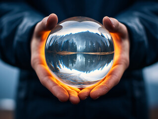 a person holding a crystal ball with a reflection of a forest and a lake - Powered by Adobe