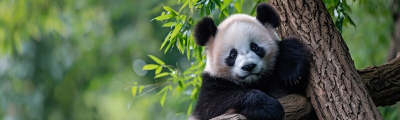 Obraz premium Giant panda eating bamboo. Banner
