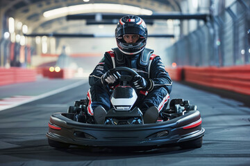 male racer in a helmet driving a go-kart on an indoor track looking at the camera