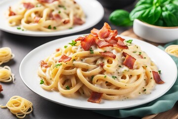 Classic pasta carbonara. Spaghetti with egg, hard parmesan cheese and cream sauce on a white plate. Italian Cuisine.