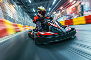 a male kart racer drives quickly along the autodrome track, blurred background - obrazy, fototapety, plakaty