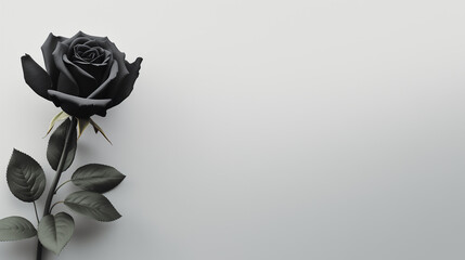 Minimalist Sympathy Condolences card. Black rose on a muted grey background. Funeral concept. Copy space