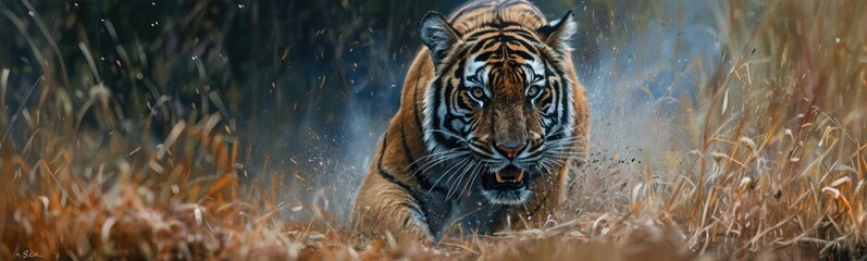 Obraz premium Tiger pouncing. Banner